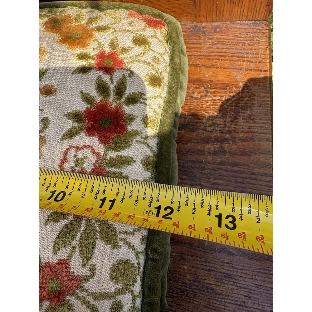 Vtg Chenille Floral Throw Pillow Green Gold Red Velvet Back Cording 12